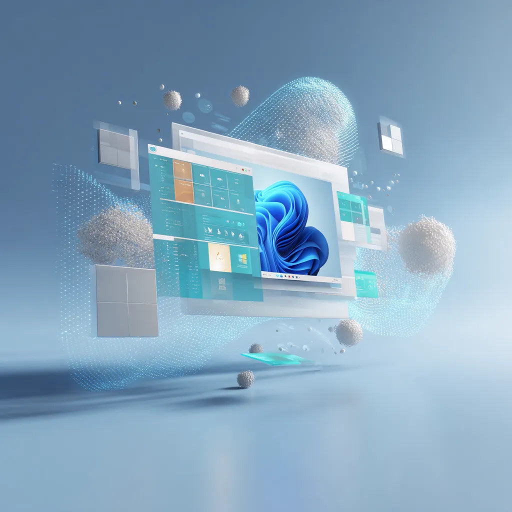 Abstrakte Visualisierung der Windows-12-Gerüchte mit blauen Schichten und  neuronalen Mustern